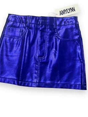 AMYLYNN Metallic Electric Blue Faux Leather Mini Skirt US 2 NWT